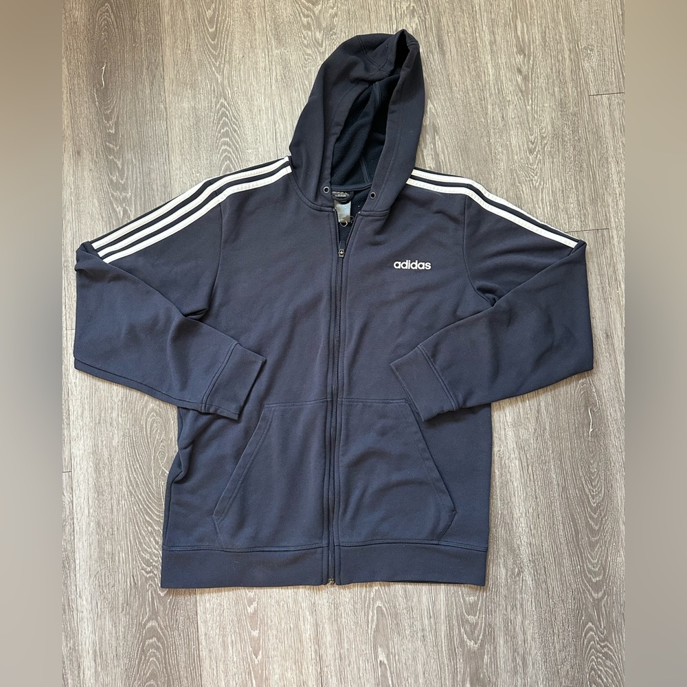 Adidas Black Full Zip Hoodie with Signature Stripes L